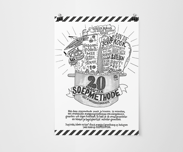 Makkelijk soep maken? Verspil minder groente én eet meer groente met #Weggooigroentesoep. Free printable mini-poster van Soephoofd, gemaakt door Handletters.nl